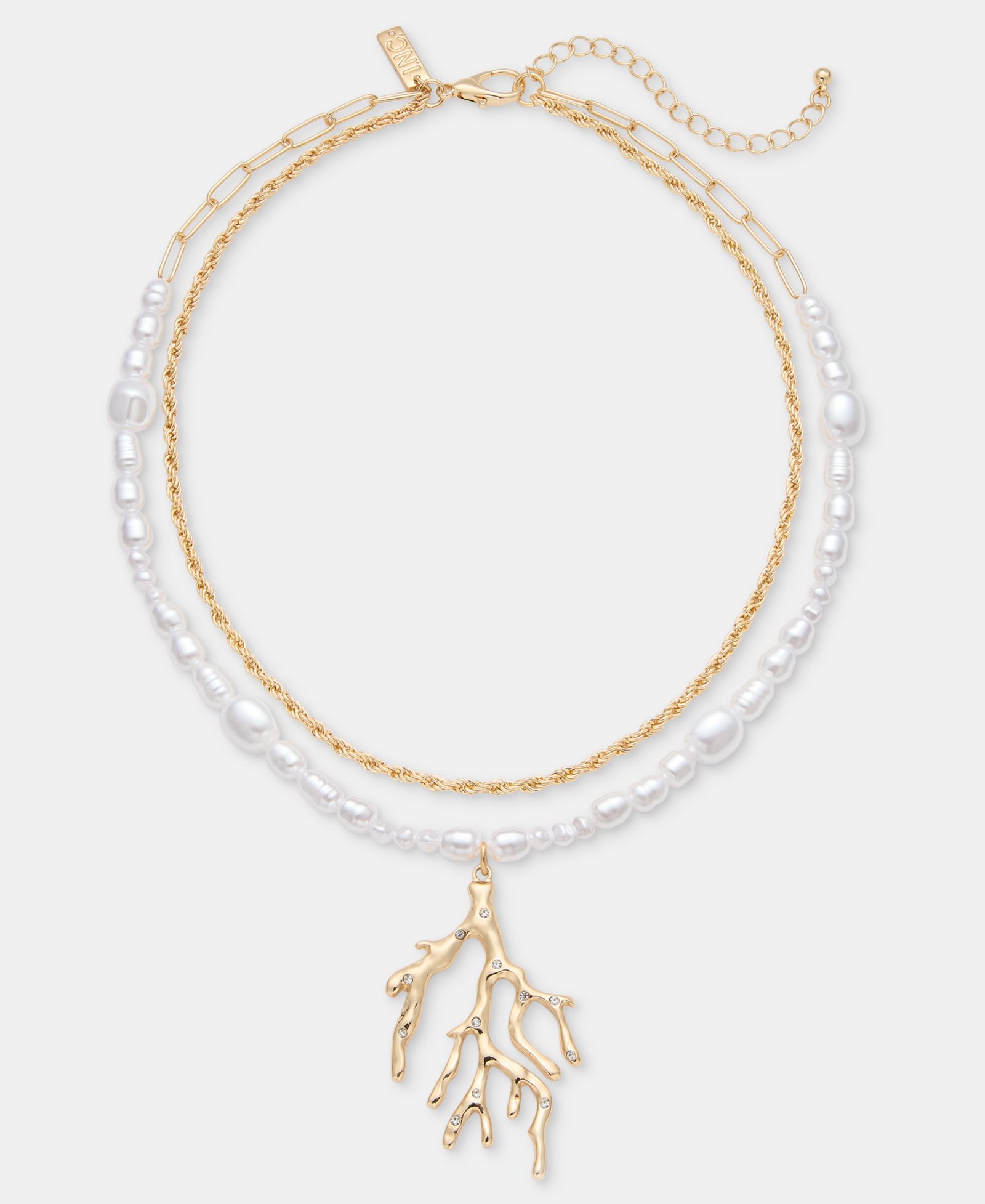 I.N.C. International Concepts Pavé & Imitation Pearl Coral Layered Pendant Necklace, 16-1/2" + 3" extender, Macy's Exclusive
