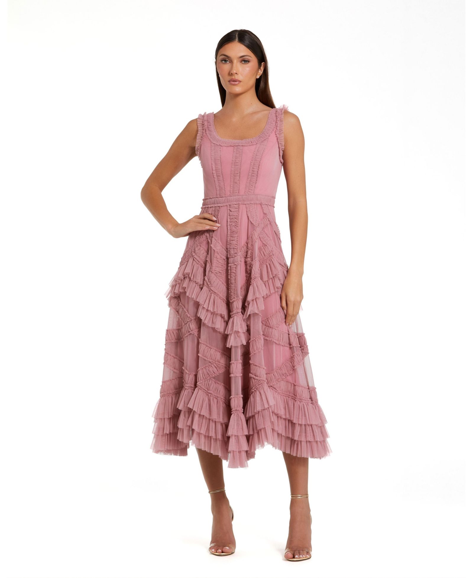 Mac Duggal Petite Scoop Neck Sleeveless Mesh Micro Ruffle Midi Dress