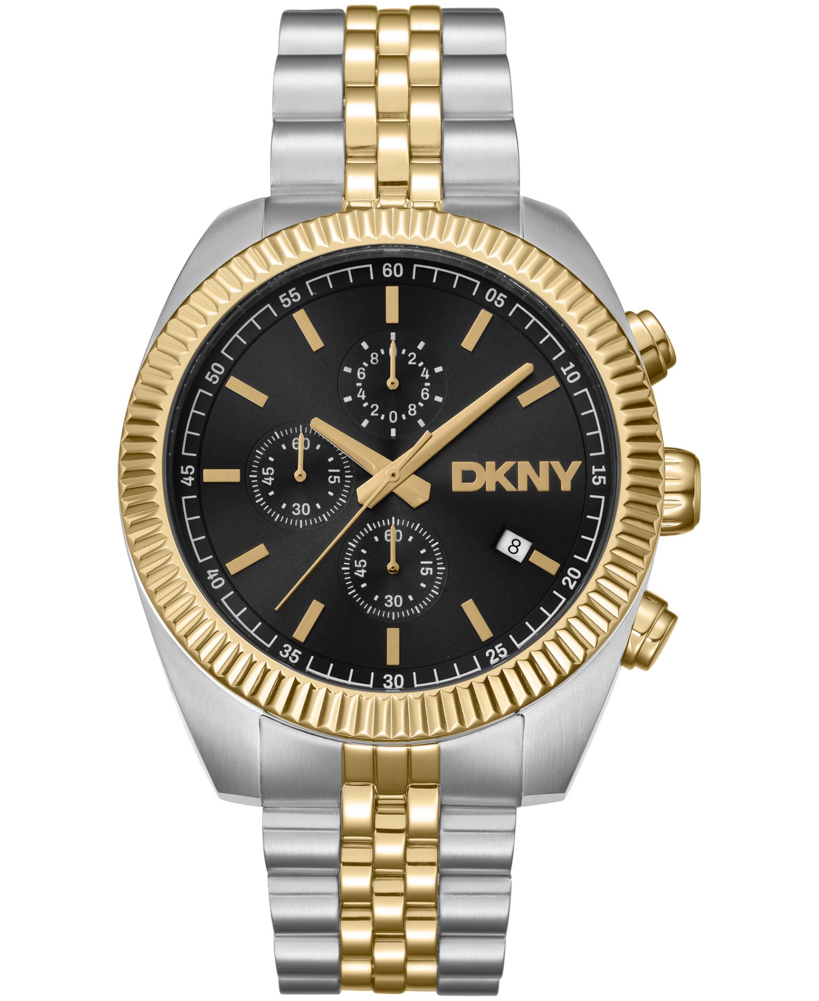 DKNY Мужские часы Chronograph с черным циферблатом, двухцветный золотой корпус из нержавеющей стали, 42mm
