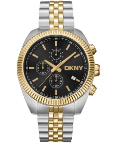 DKNY Мужские часы Chronograph с черным циферблатом, двухцветный золотой корпус из нержавеющей стали, 42mm