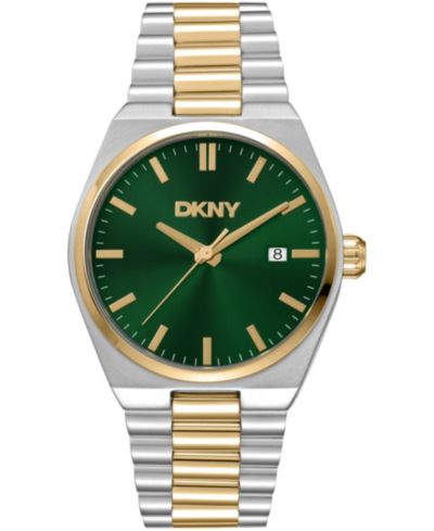 Мужские часы DKNY Date с двухцветным золотым стальным браслетом, 40mm, зеленый циферблат