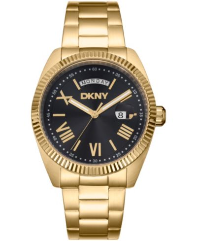 DKNY Мужские часы Day Date, черный циферблат, золотистая нержавеющая сталь, 41mm
