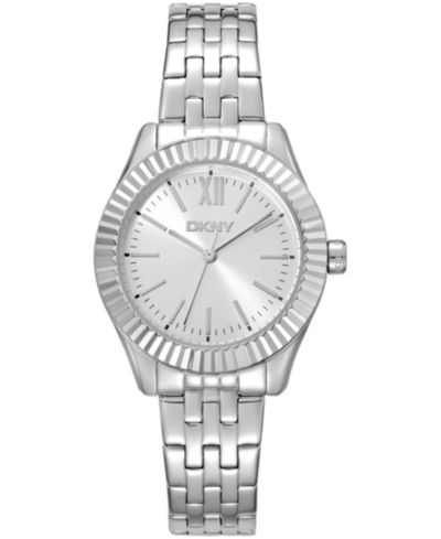 DKNY Women's Silver Dial Fluted Bezel Stainless Steel Bracelet Watch, 30mm