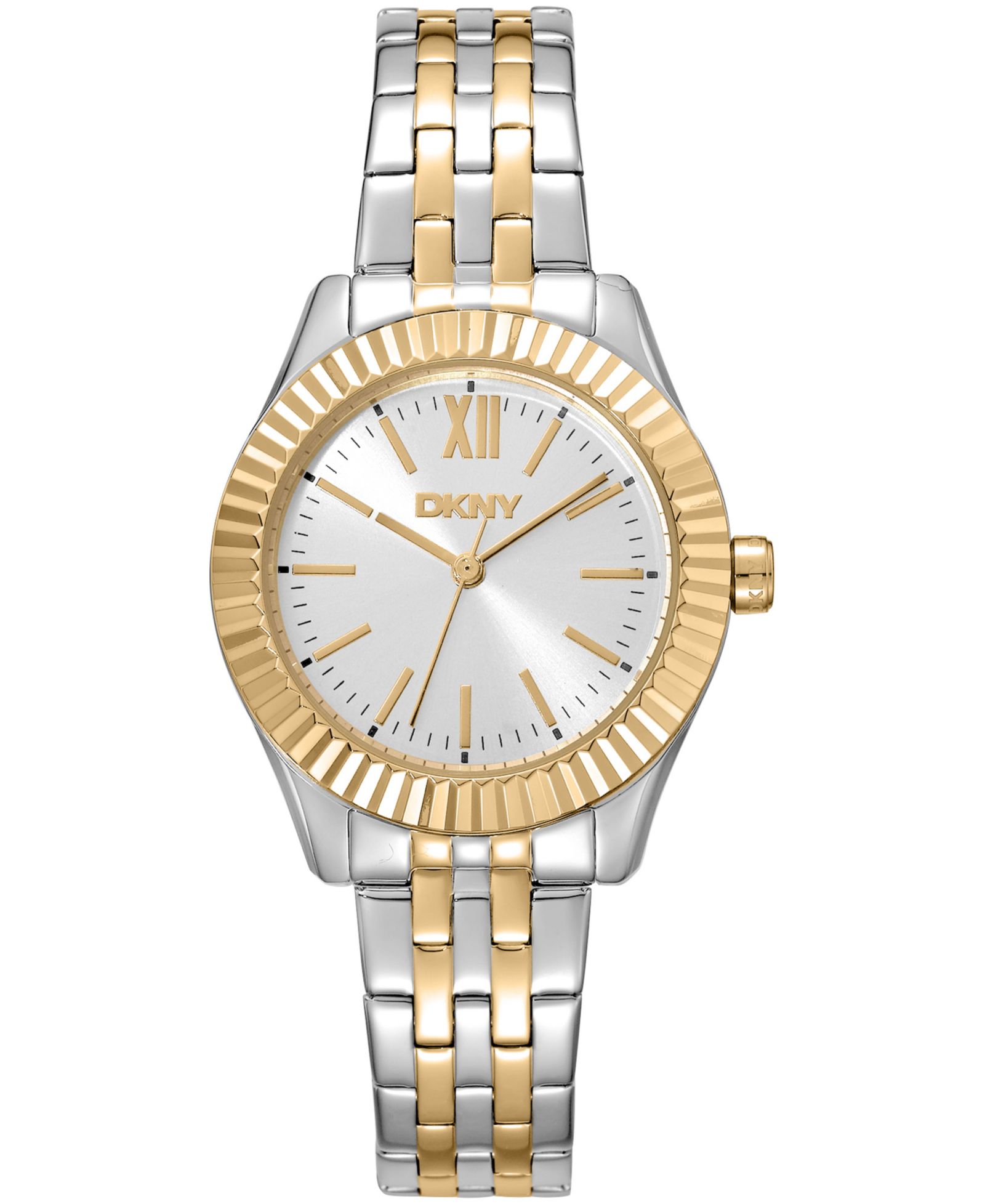 DKNY Women's Silver Dial Fluted Bezel Two-Tone Gold Stainless Steel Bracelet Watch, 30mm