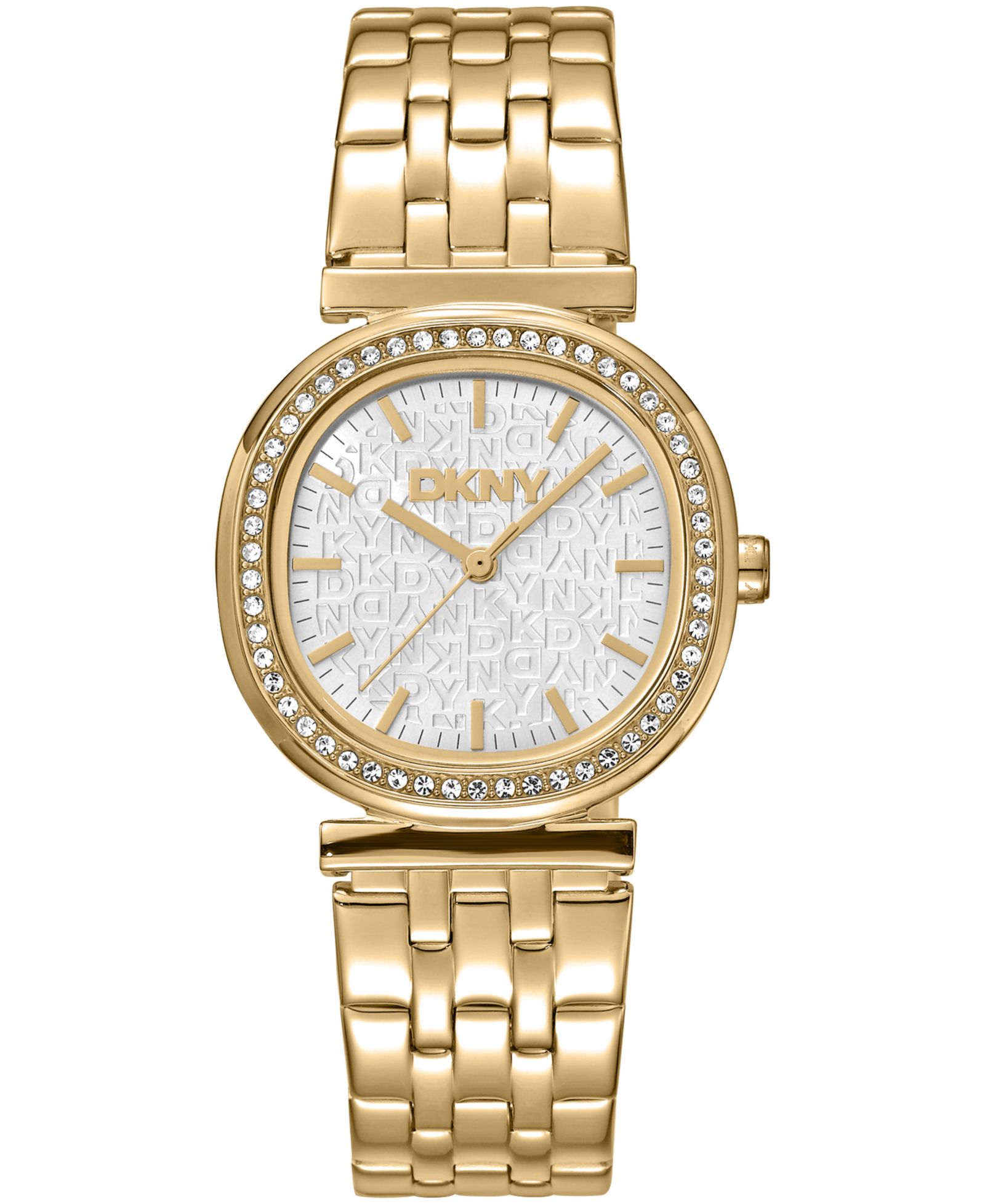 DKNY Women's Silver Dial Crystal Bezel Gold-Tone Stainless Steel Bracelet Watch, 30mm