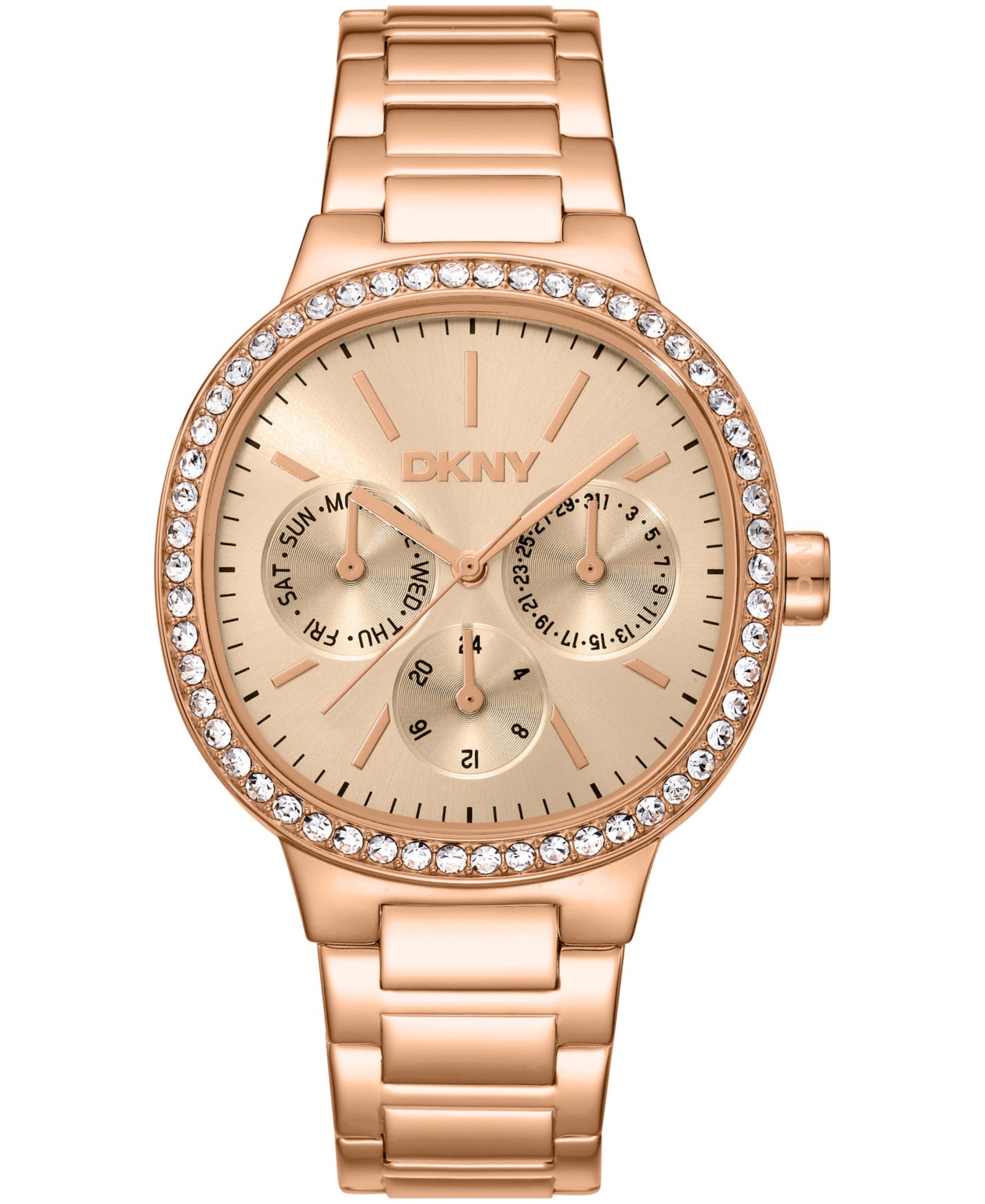 DKNY Women's Rose Gold Dial Crystal Bezel Red-Tone Stainless Steel Bracelet Multifunctional Watch, 36mm