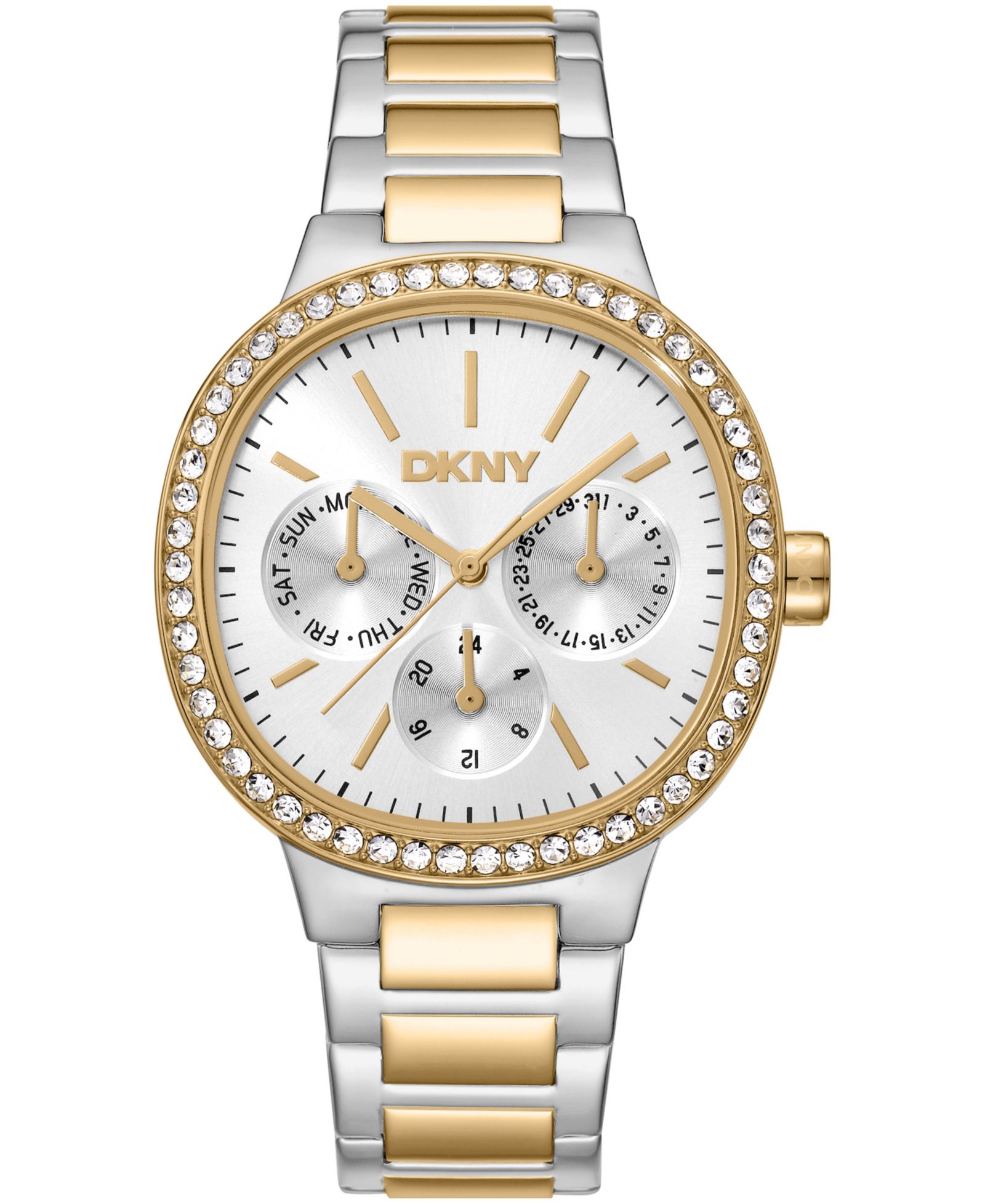 DKNY Women's Silver Dial Crystal Bezel Two-Tone Gold Stainless Steel Bracelet Multifunctional Watch, 36mm