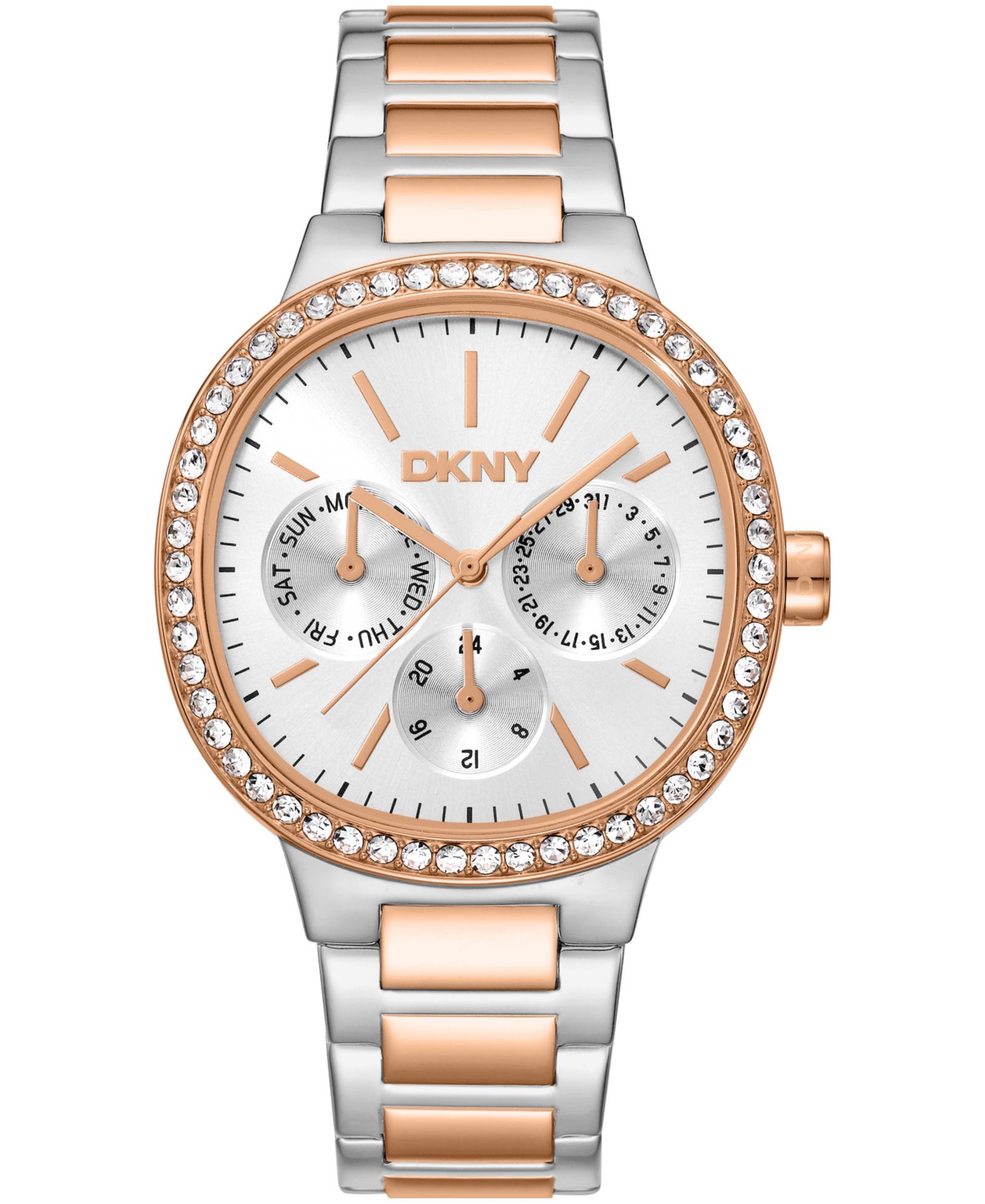 DKNY Women's Silver Dial Crystal Bezel Two-Tone Red Gold Stainless Steel Bracelet Multifunctional Watch, 36mm