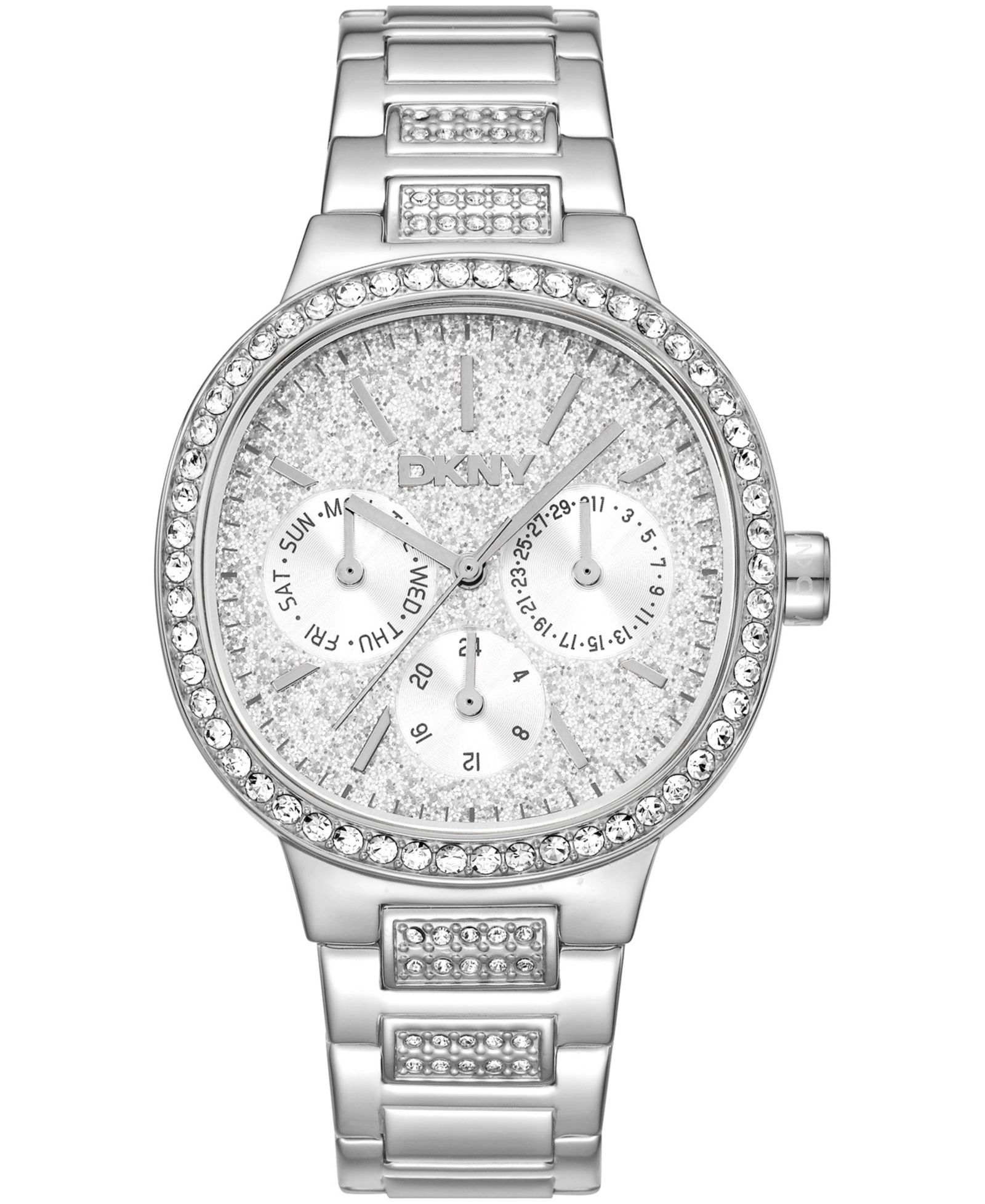 DKNY Women's Silver Crystal Covered Dial Crystal Bezel Stainless Steel Bracelet Multifunctional Watch, 36mm