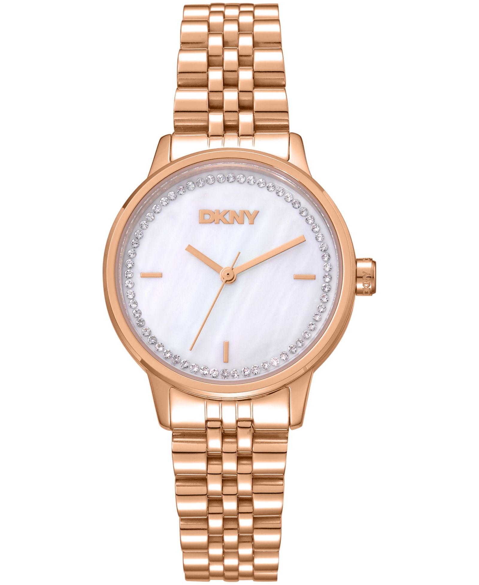 DKNY Women's White MOP Crystal Accented Dial Gold-Tone Stainless Steel Bracelet Watch, 30mm