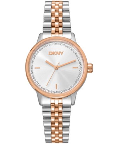 DKNY Women's Silver Crystal Accented Dial Two-Tone Rose Gold Stainless Steel Bracelet Watch, 30mm