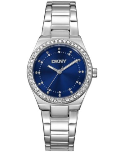 DKNY Women's Blue Dial Crystal Dial Markers Crystal Bezel Stainless Steel Bracelet Watch, 30mm