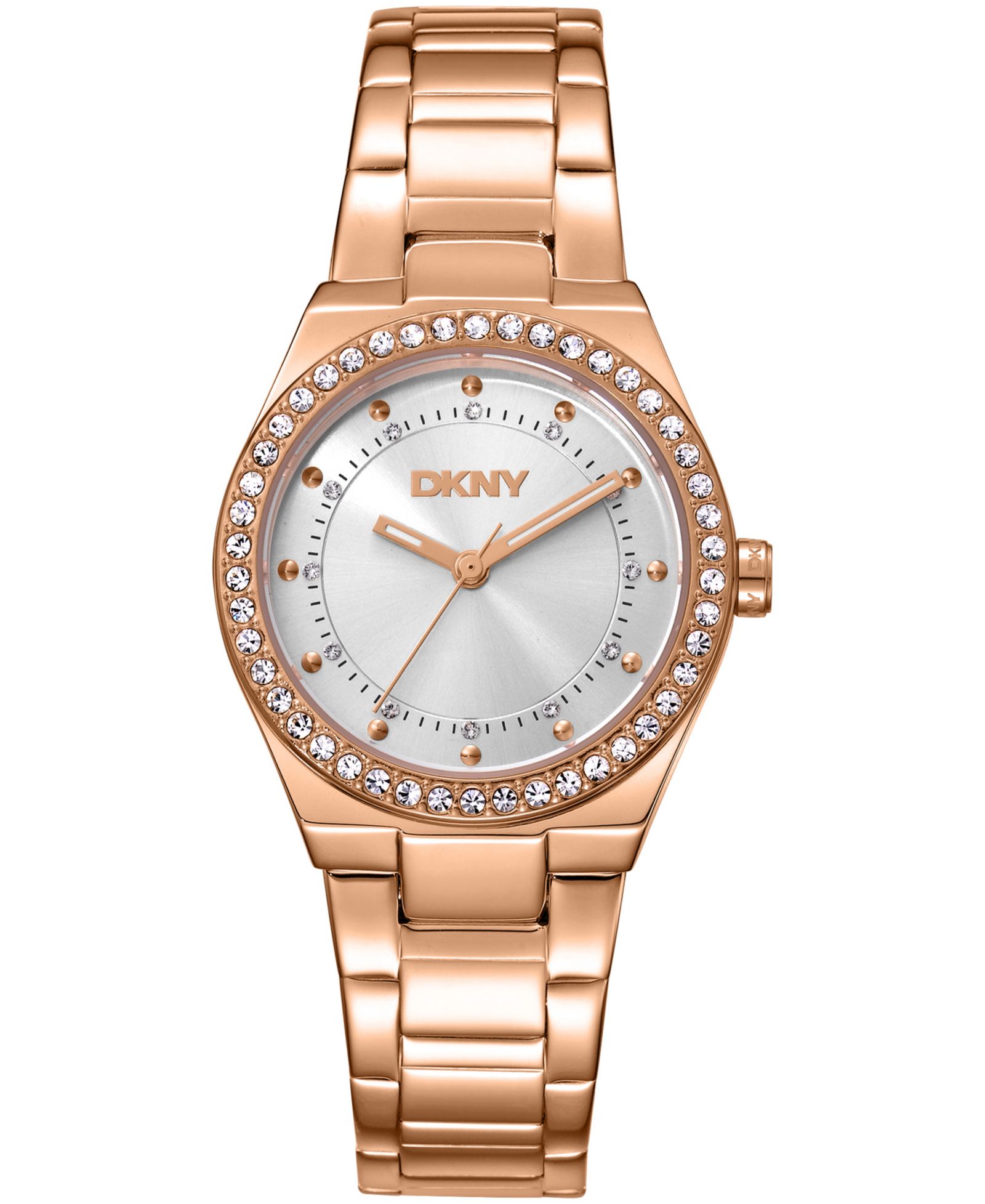 DKNY Women's Silver Dial Crystal Dial Markers Crystal Bezel Rose-Gold Tone Stainless Steel Bracelet Watch, 30mm