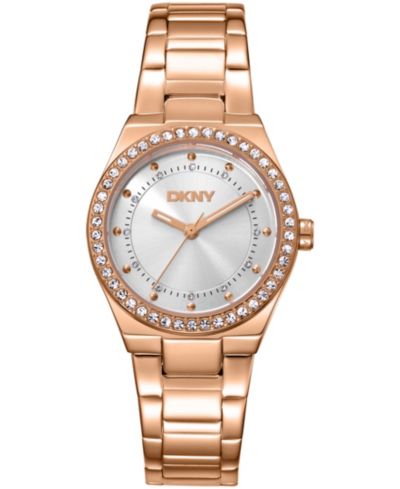 DKNY Women's Silver Dial Crystal Dial Markers Crystal Bezel Rose-Gold Tone Stainless Steel Bracelet Watch, 30mm