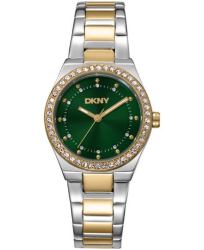 DKNY Women's Green Dial Crystal Dial Markers Crystal Bezel Two-Tone Gold Stainless Steel Bracelet Watch, 30mm