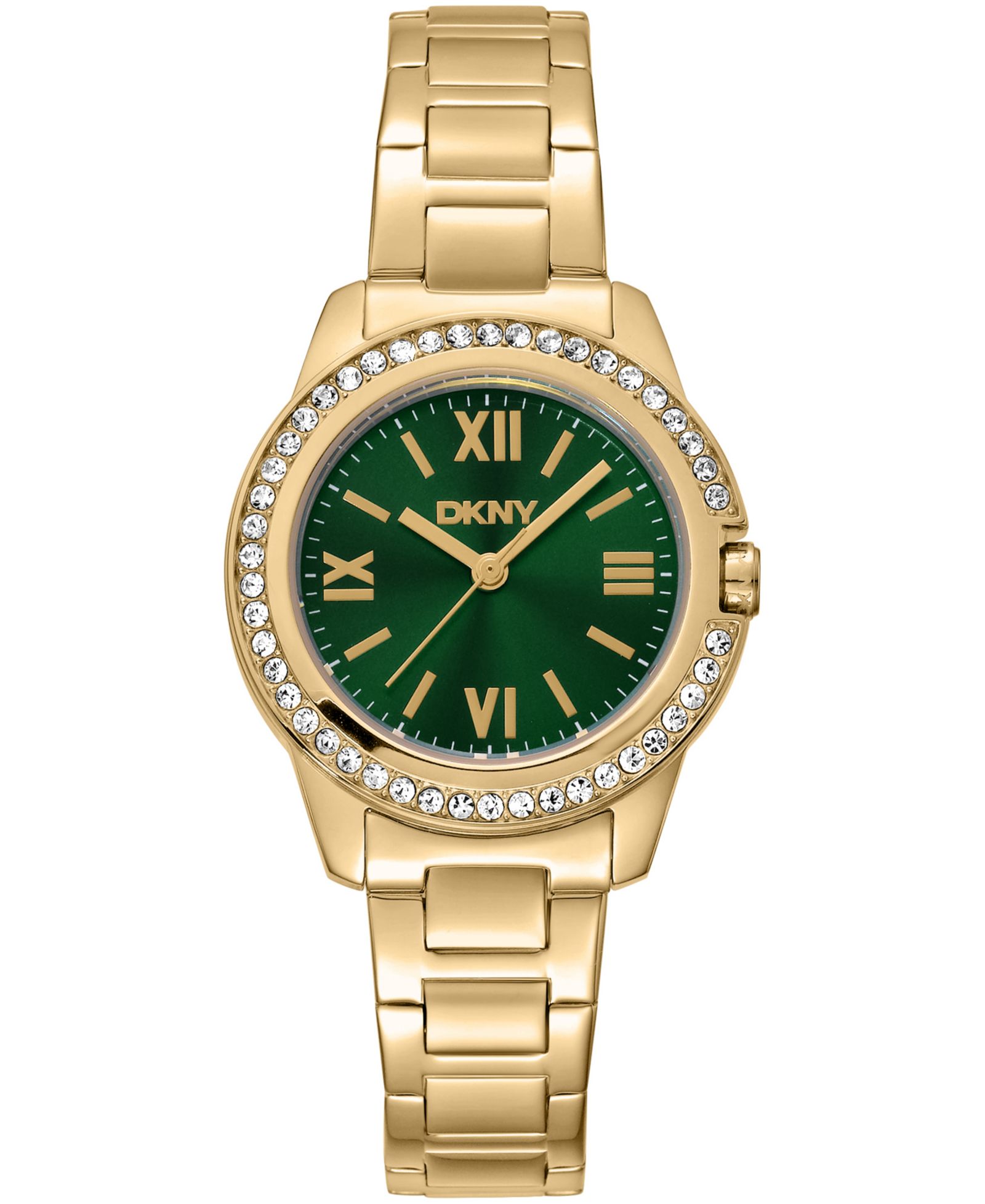 DKNY Women's Green Dial Crystal Bezel Gold-Tone Stainless Steel Bracelet Watch, 30mm