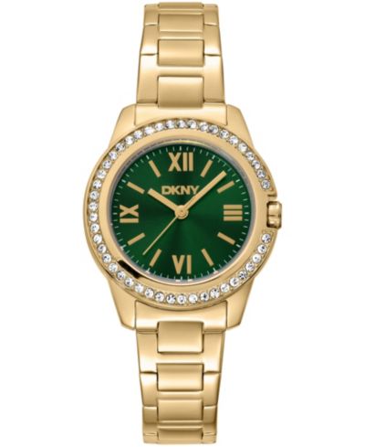 DKNY Women's Green Dial Crystal Bezel Gold-Tone Stainless Steel Bracelet Watch, 30mm