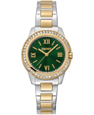 DKNY Women's Green Dial Crystal Bezel Two-Tone Gold Stainless Steel Bracelet Watch, 30mm