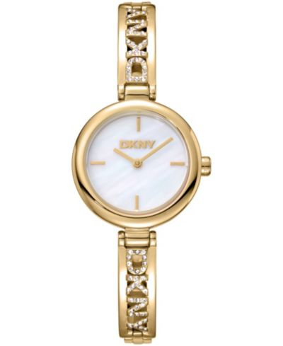 DKNY Women's White Dial Gold-Tone Stainless Steel Crystal Accented Jewelry Bracelet Watch, 26mm