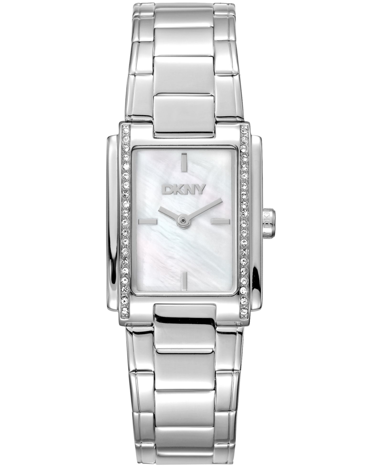 DKNY Women's White MOP Dial Crystal Accented Case Stainless Steel Bracelet Watch, 23 x 30mm