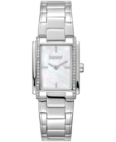DKNY Women's White MOP Dial Crystal Accented Case Stainless Steel Bracelet Watch, 23 x 30mm