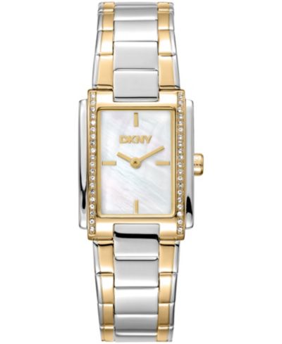 DKNY Women's White MOP Dial Crystal Accented Case Two-Tone Gold Stainless Steel Bracelet Watch, 23 x 30mm