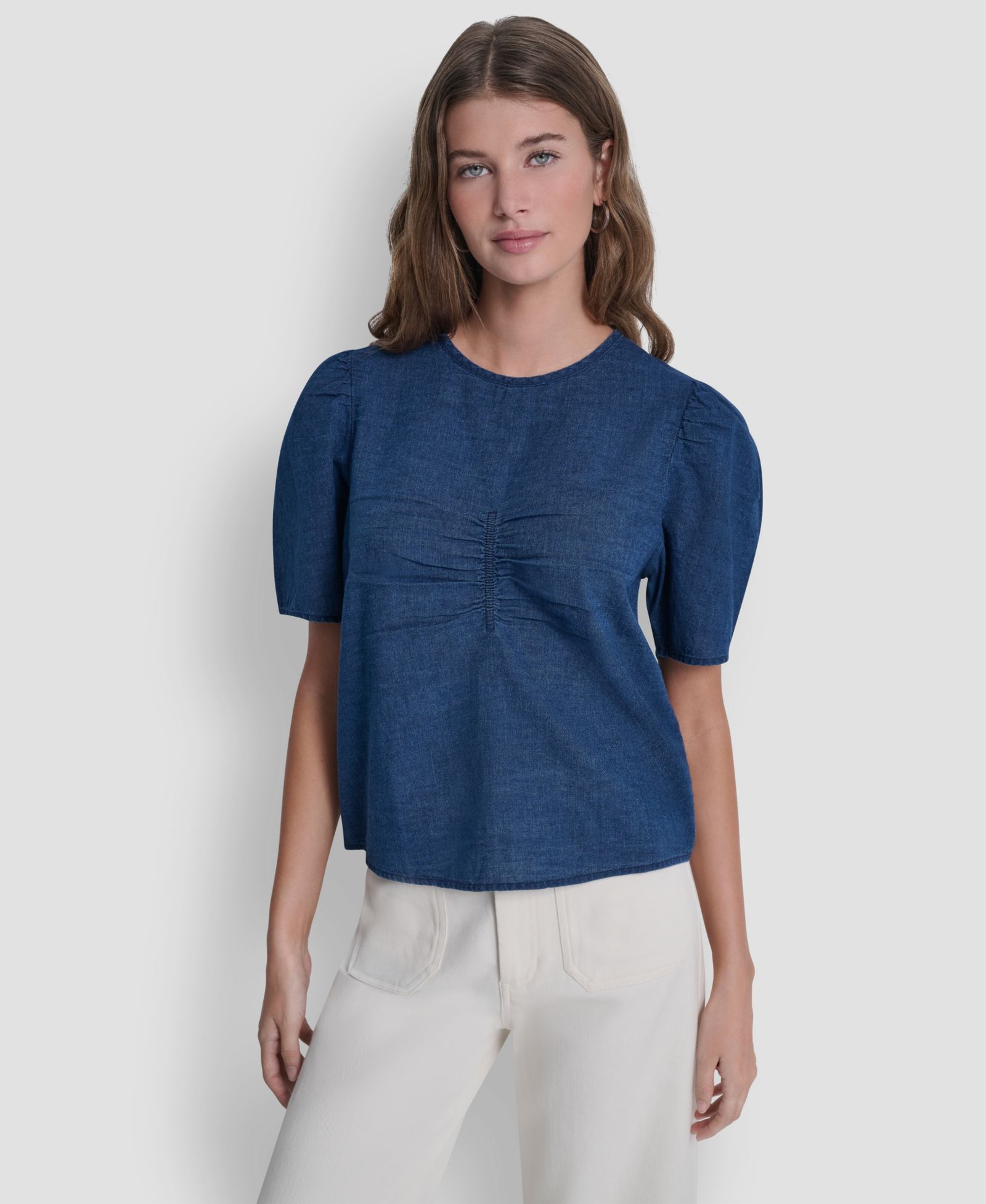 Женский рубашка DKNY Jeans Petite с коротким рукавом и сборкой