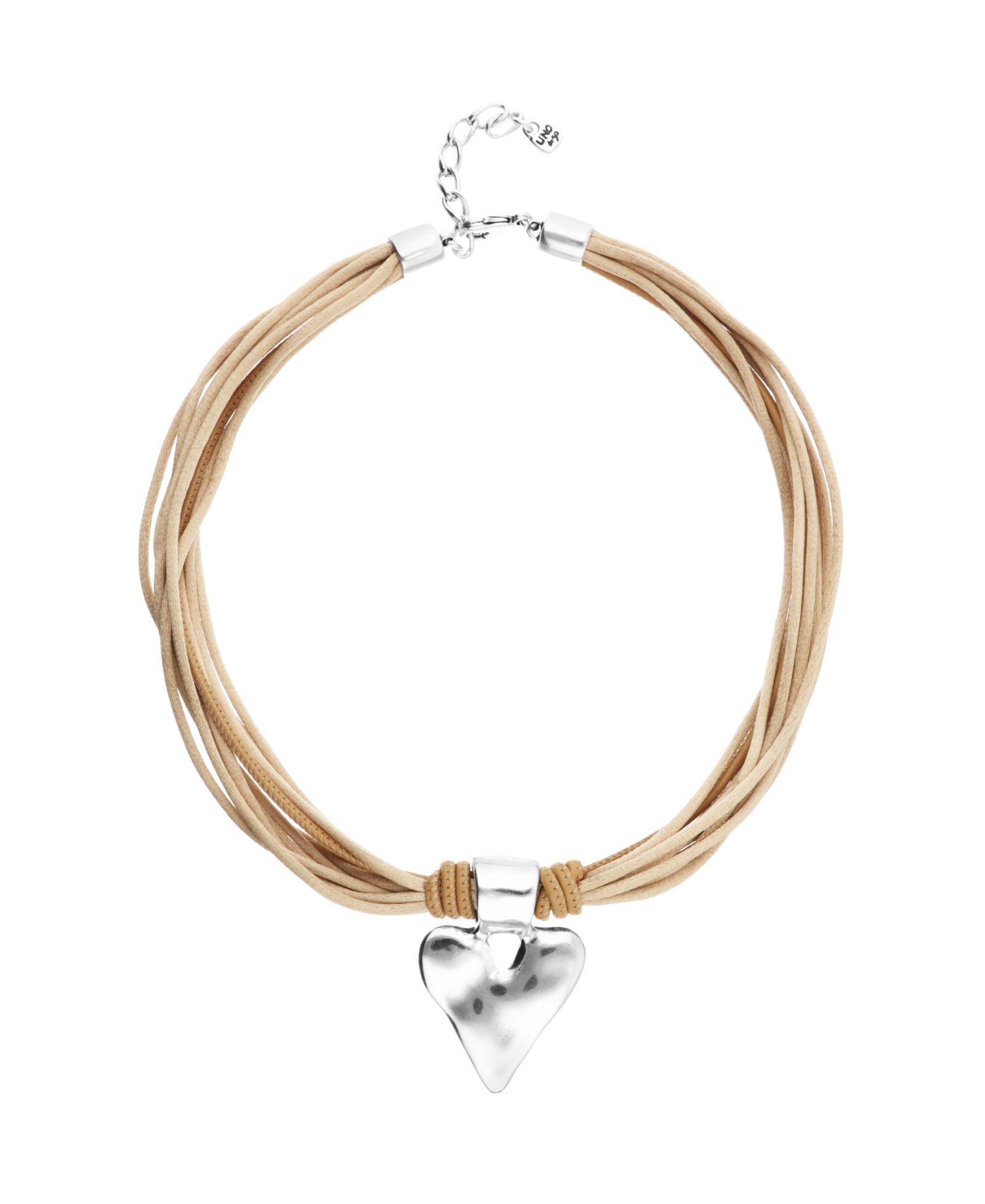 Unode50 Mixed Beige Silk And Leather Thread Necklace with Sterling Silver Heart Detail