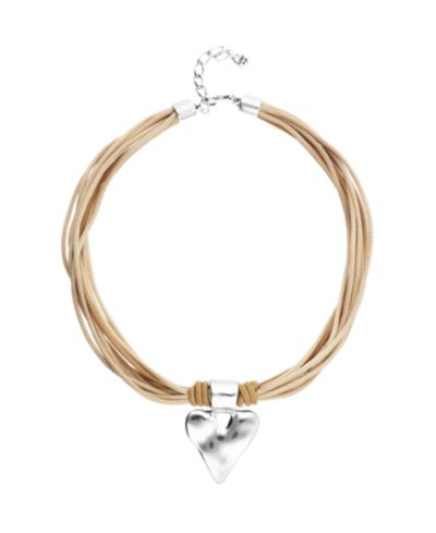 Unode50 Mixed Beige Silk And Leather Thread Necklace with Sterling Silver Heart Detail