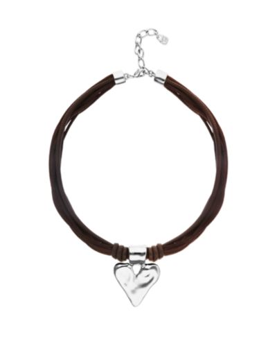 Unode50 Mixed Dark Brown Silk And Leather Thread Necklace with Sterling Silver Heart Detail