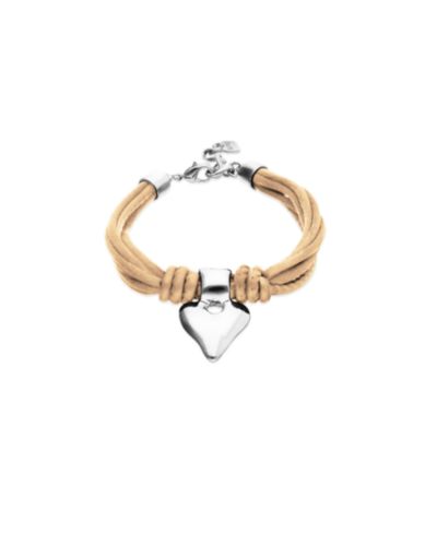 Unode50 Bracelet with Mix of Silk Effect And Leather Beige Thread And Sterling Silver Heart Detail