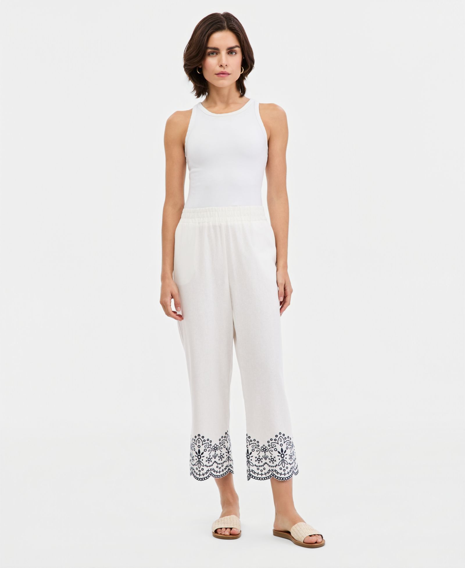 Jones New York Women's Embroidered Cropped Linen-Blend Pull-On Pants