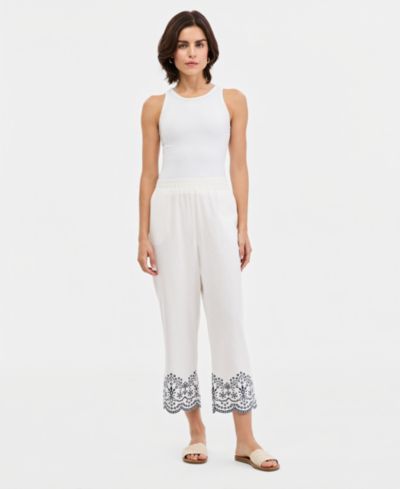 Jones New York Women's Embroidered Cropped Linen-Blend Pull-On Pants