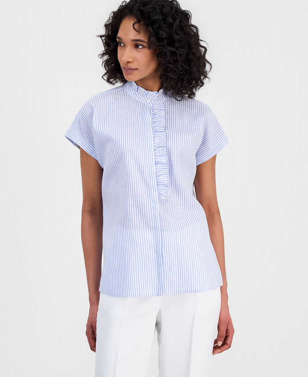 Anne Klein Petite Striped Ruffled-Neck Button-Front Blouse