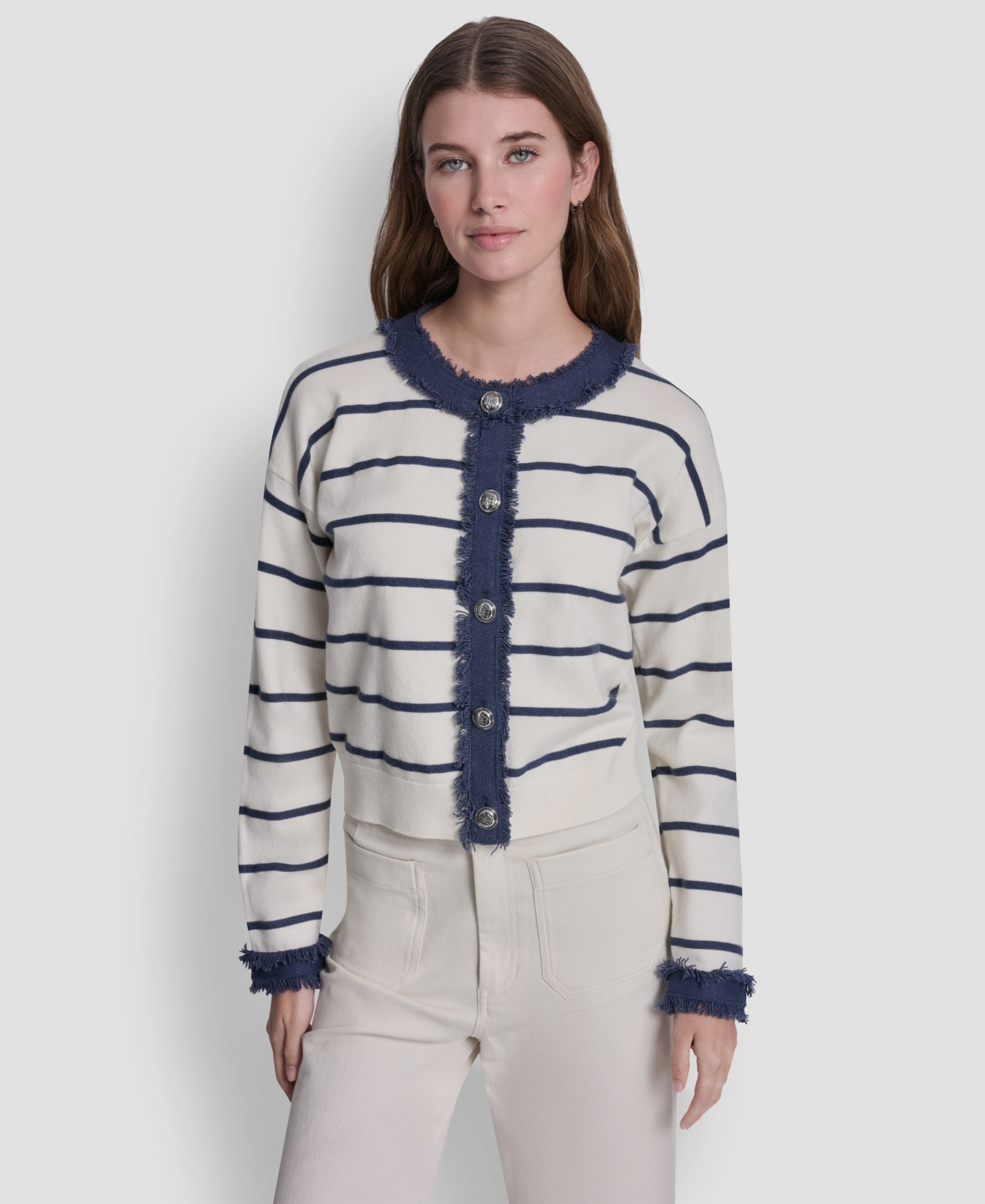 DKNY Jeans Women's Crew Neck Striped Cardigan