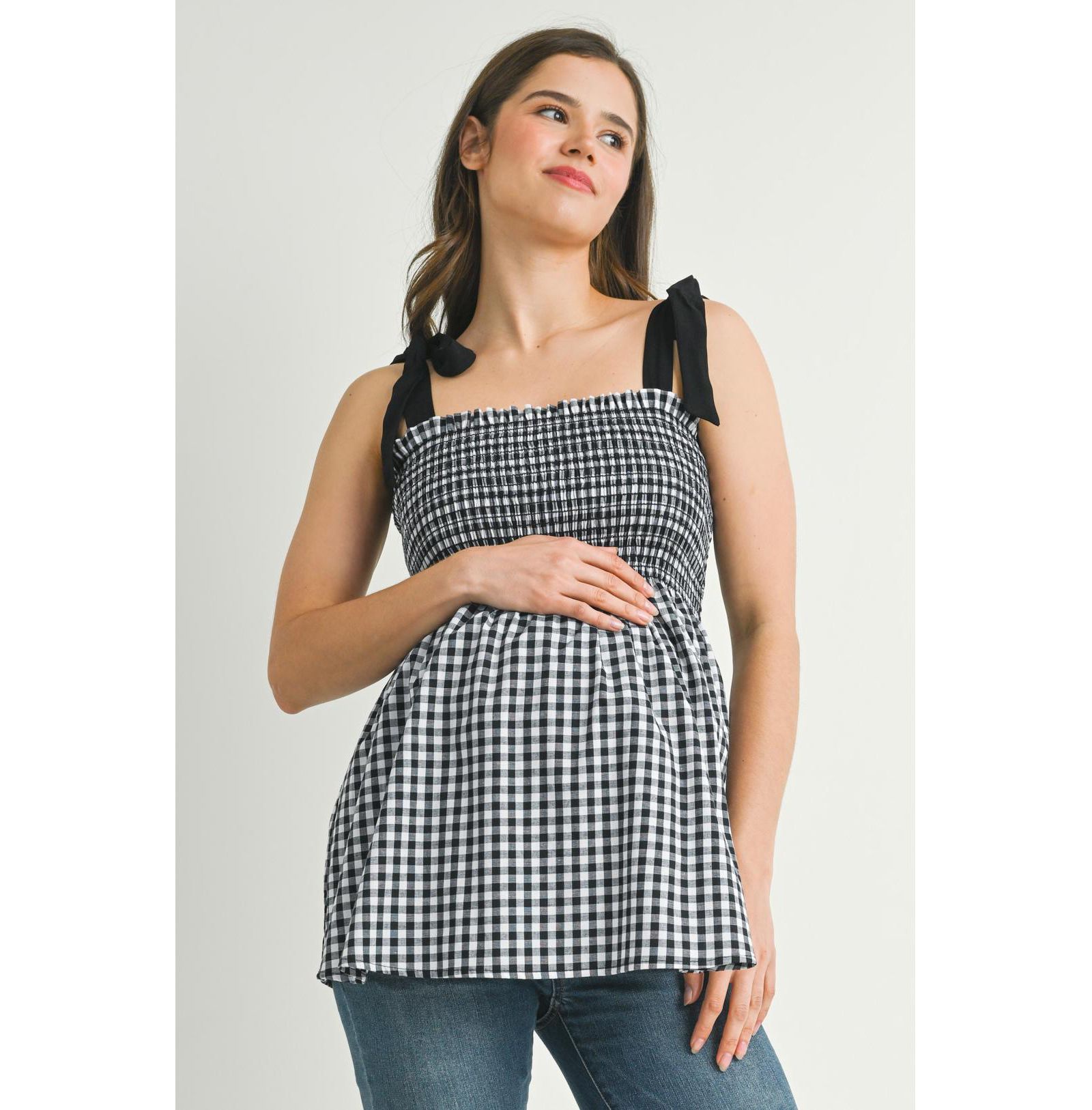 Hello Miz Women's Maternity Smocked Gingham Tie-Strap Sleeveless Top