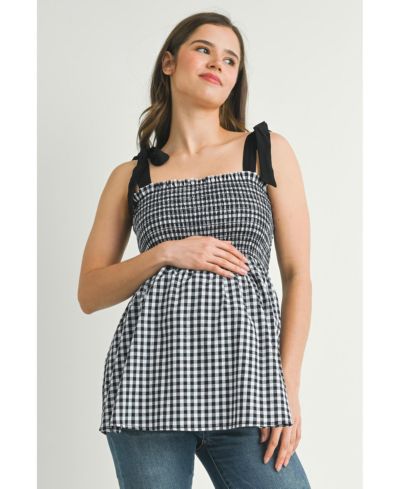 Hello Miz Women's Maternity Smocked Gingham Tie-Strap Sleeveless Top