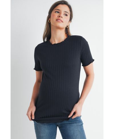 Hello Miz Women's Maternity Ribbed Crew Neck Short Sleeve Top with Lettuce Hem