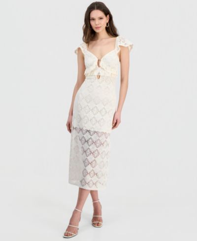 14th Place Juniors' Cap-Sleeve Crochet Midi Dress