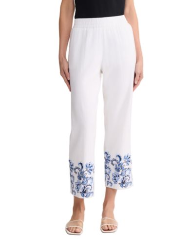 Jones New York Women's Embroidered Linen-Blend Crop Pants