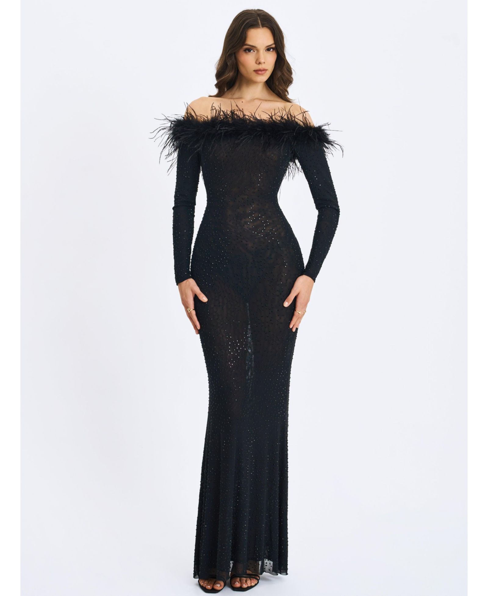 Miss Circle Женское платье maxi Mermaid с меховой отделкой Emberly Black Off-Shoulder Rhinestone