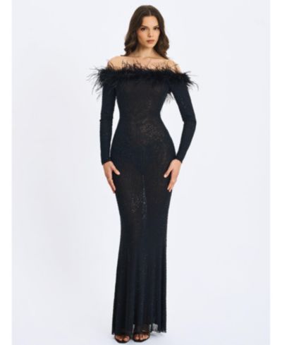 Miss Circle Women's Emberly Black Faux Fur Trimmed Off-Shoulder Rhinestone Mermaid Maxi Dress