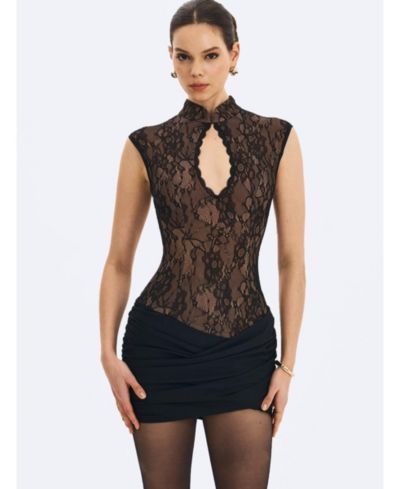Miss Circle Women's Valerie Black Lace Teardrop Neckline Ruched Mini Dress