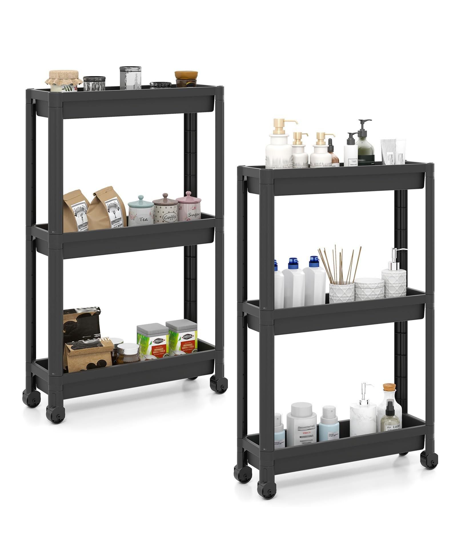 Volenca 3-Tier Slim Rolling Storage Cart 2-Pack with Wheels, Mobile Bathroom Organizer