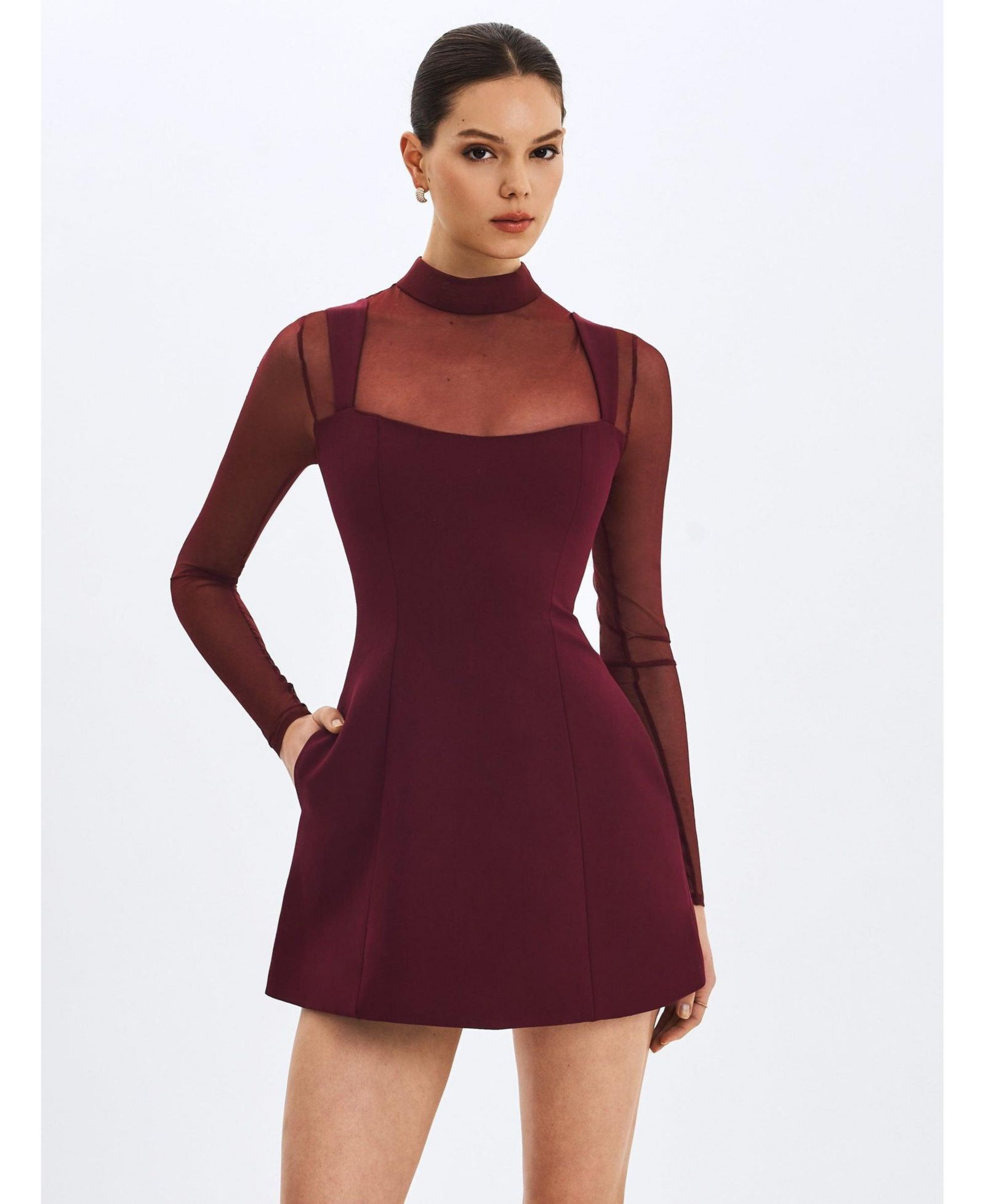 Женское мини-платье Miss Circle Natasha Burgundy Faux Two-Piece Turtleneck