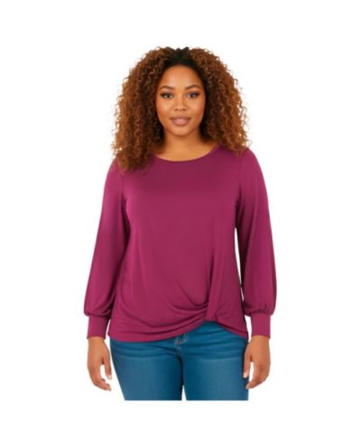 AVENUE Plus Size Scoop Neck Knot Hem Women's Top