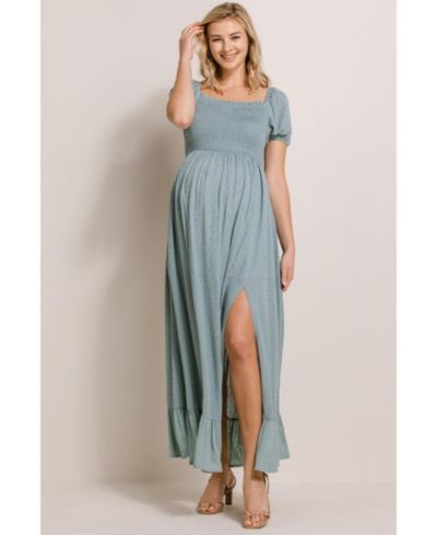 Hello Miz Women's Smocked Swiss Dot Maxi Dress with Side Slit