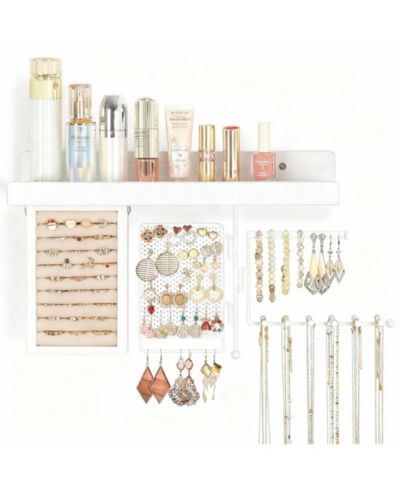 YIGII 4-in-1 Wall Hanging shelves: Wood Shelf, Ring Box, Peg Board, Rotating Necklace Rack