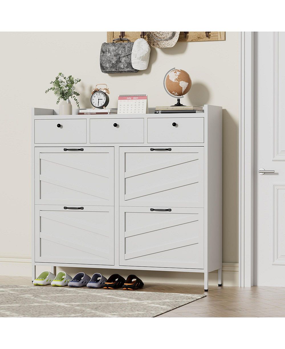 Clihome Metal Shoe Cabinet - 4 Flip Drawers plus 3 Drawers, Slim 11.8"D Freestanding Steel Shoe Organizer, Anti-Tip Hidden Entryway Shoe Rack