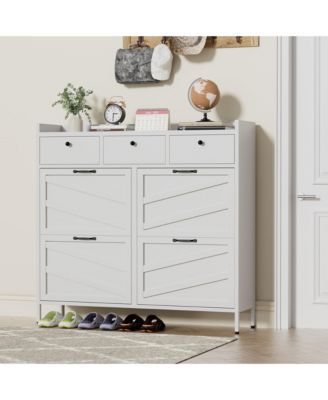 Clihome Metal Shoe Cabinet - 4 Flip Drawers plus 3 Drawers, Slim 11.8"D Freestanding Steel Shoe Organizer, Anti-Tip Hidden Entryway Shoe Rack